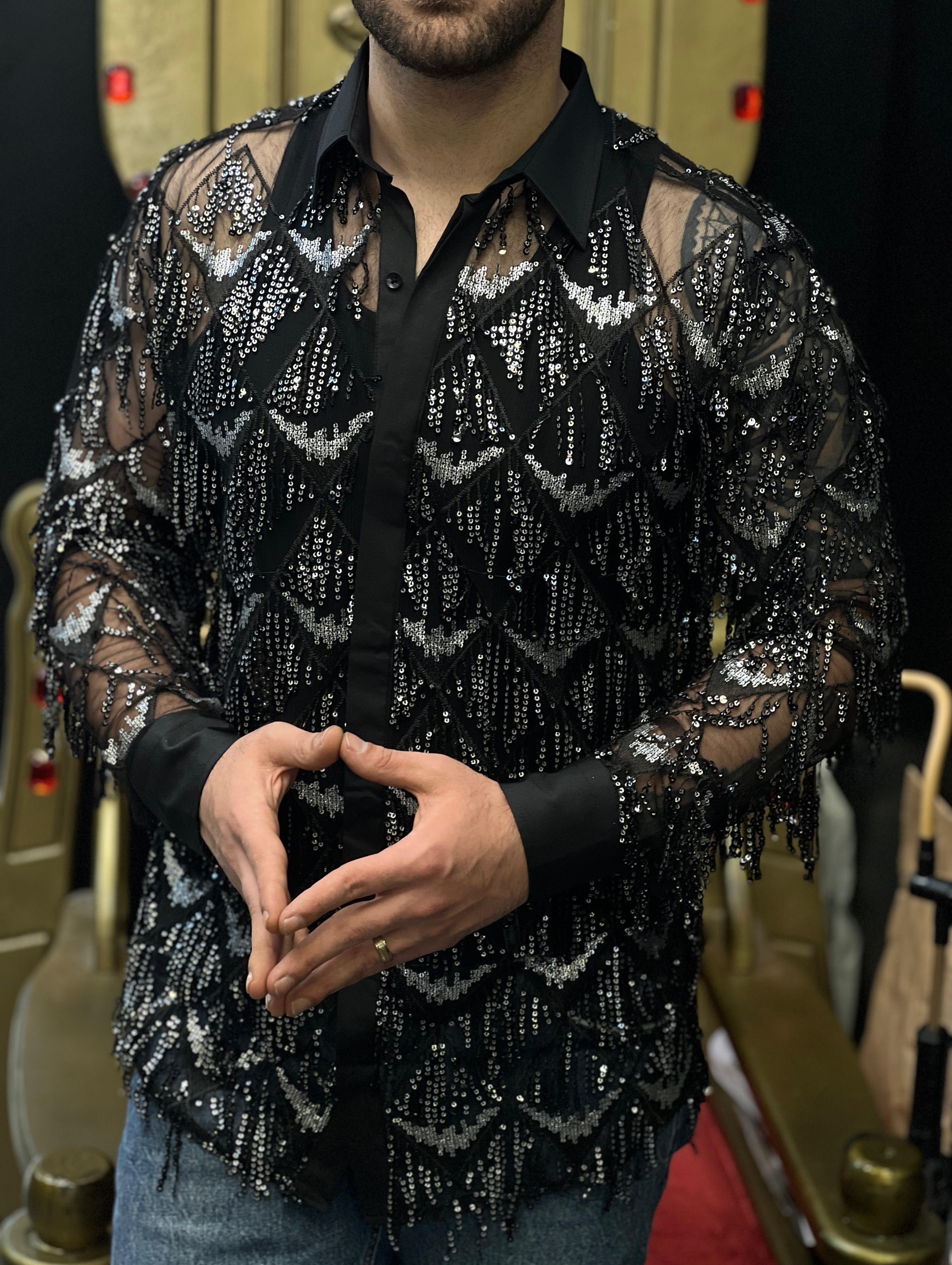 Luci della Notte Black Mesh & Silver Sequin Feather Pattern Shirt