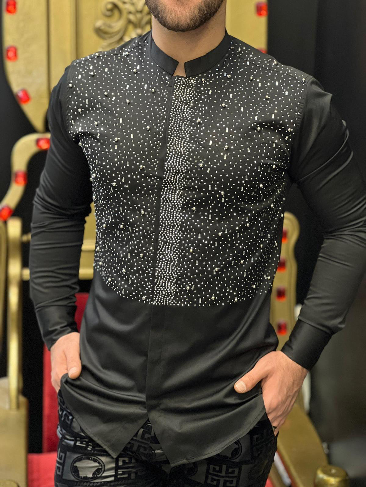 Roma Black Studded Armor Mandarin Collar Shirt