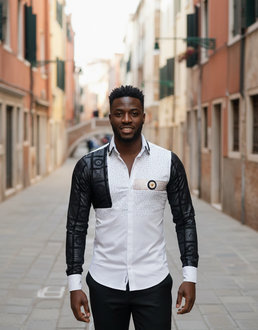 Venezia Myth White & Gold Greek Key Men's Shirt