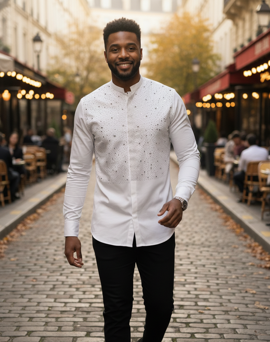 Roma White Studded Armor Mandarin Collar Shirt