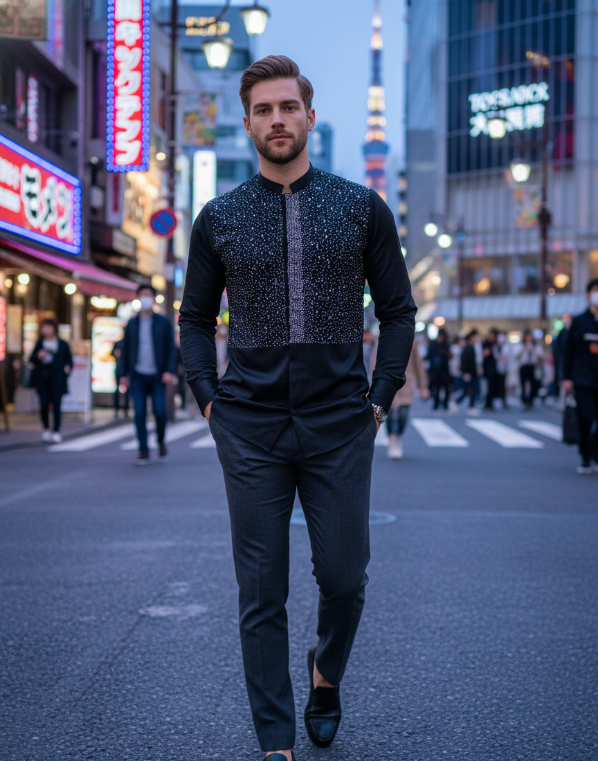 Roma Black Studded Armor Mandarin Collar Shirt