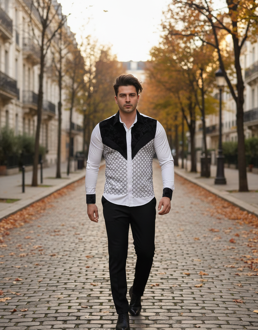 The Firenze White Velvet & Diamond Lattice Shirt