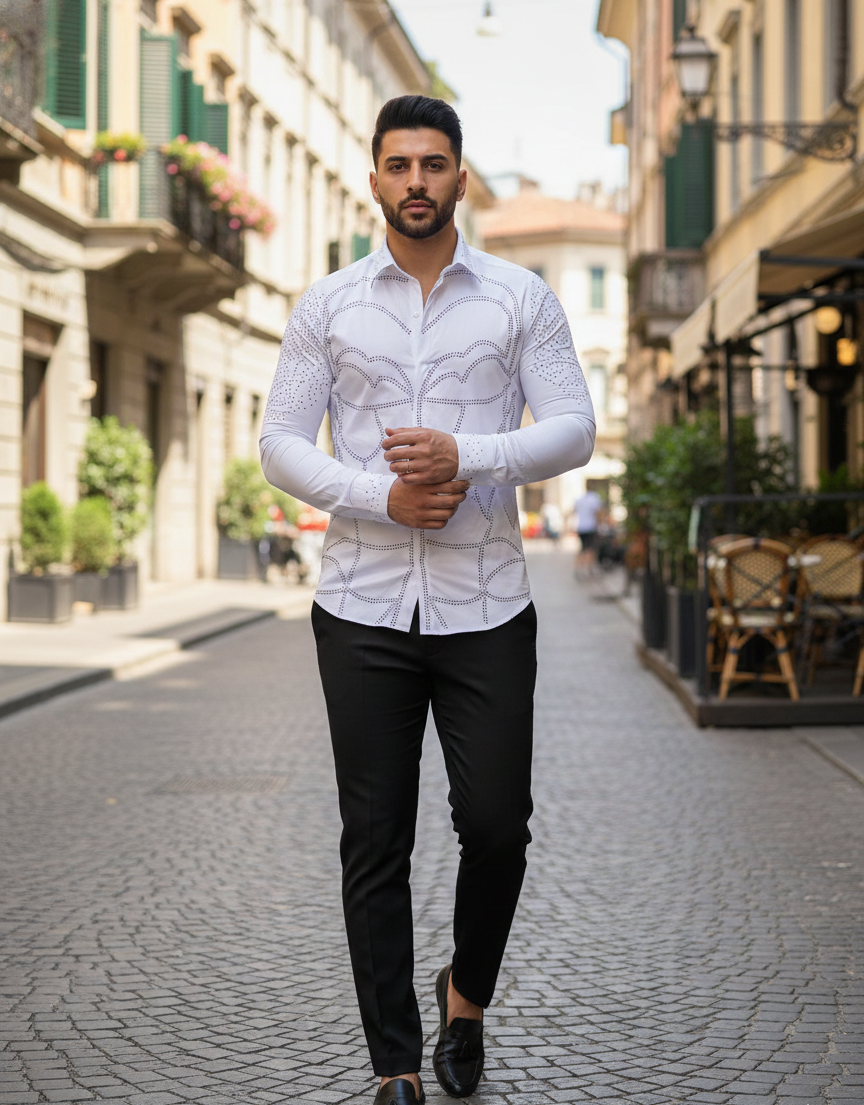 The Mosaico White Geometric Crystal Designer Shirt