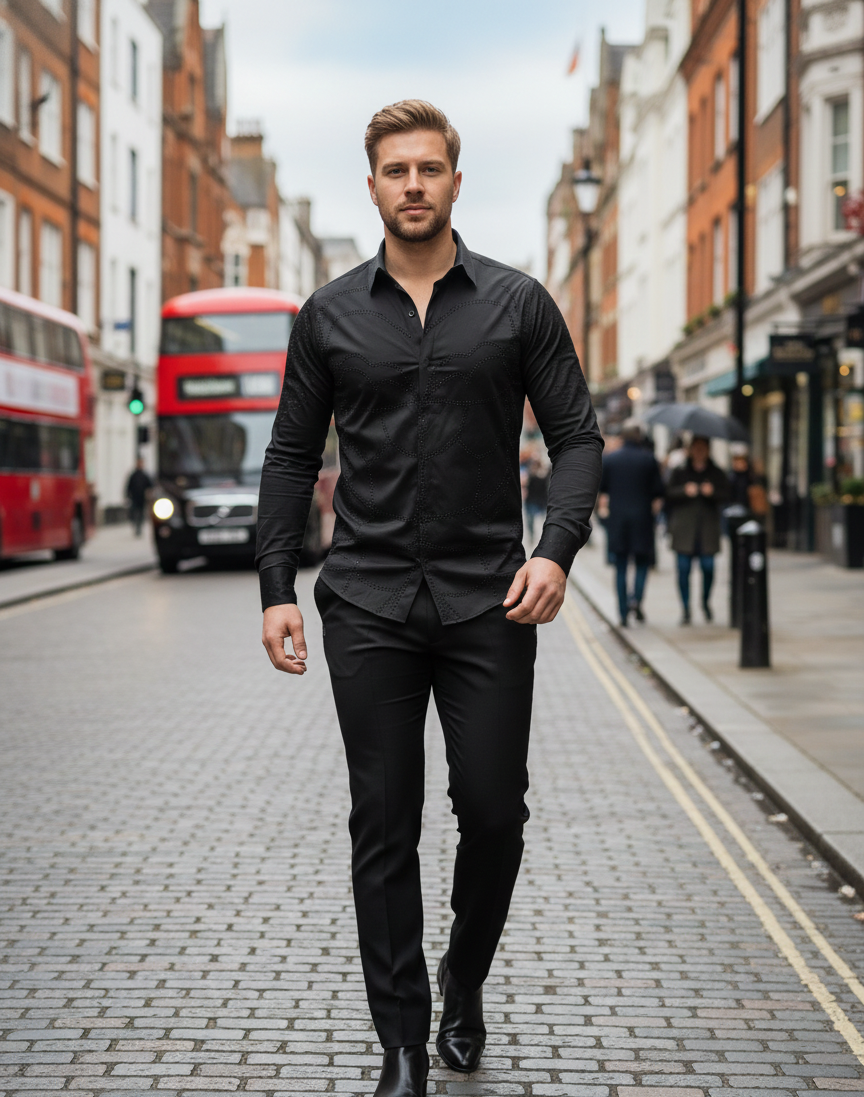 The Mosaico Black Geometric Crystal Designer Shirt