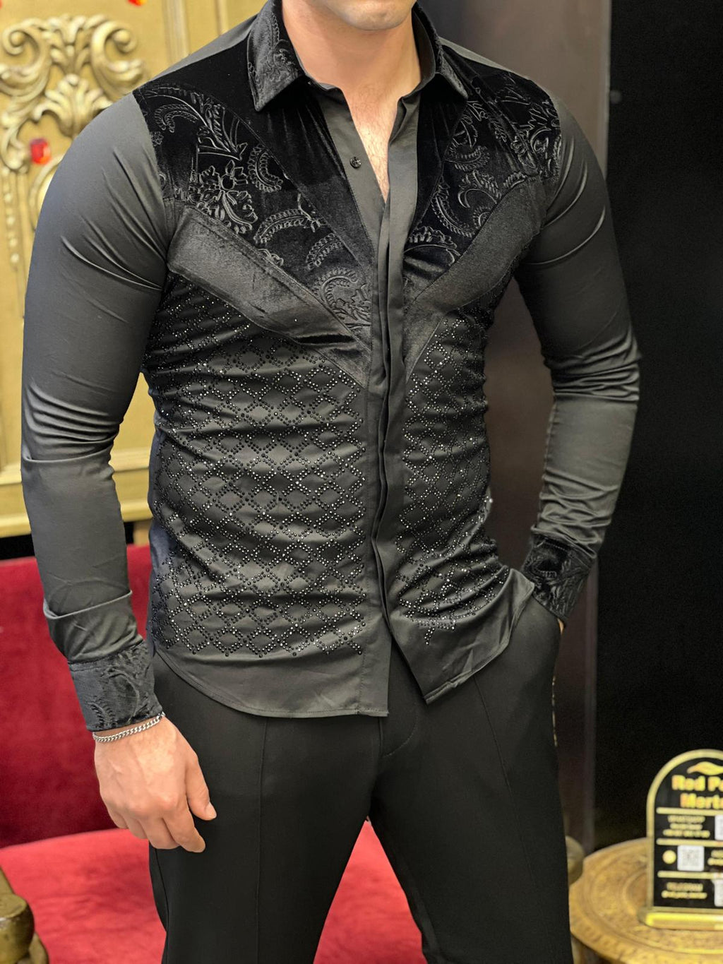The Firenze Black Velvet & Diamond Lattice Shirt