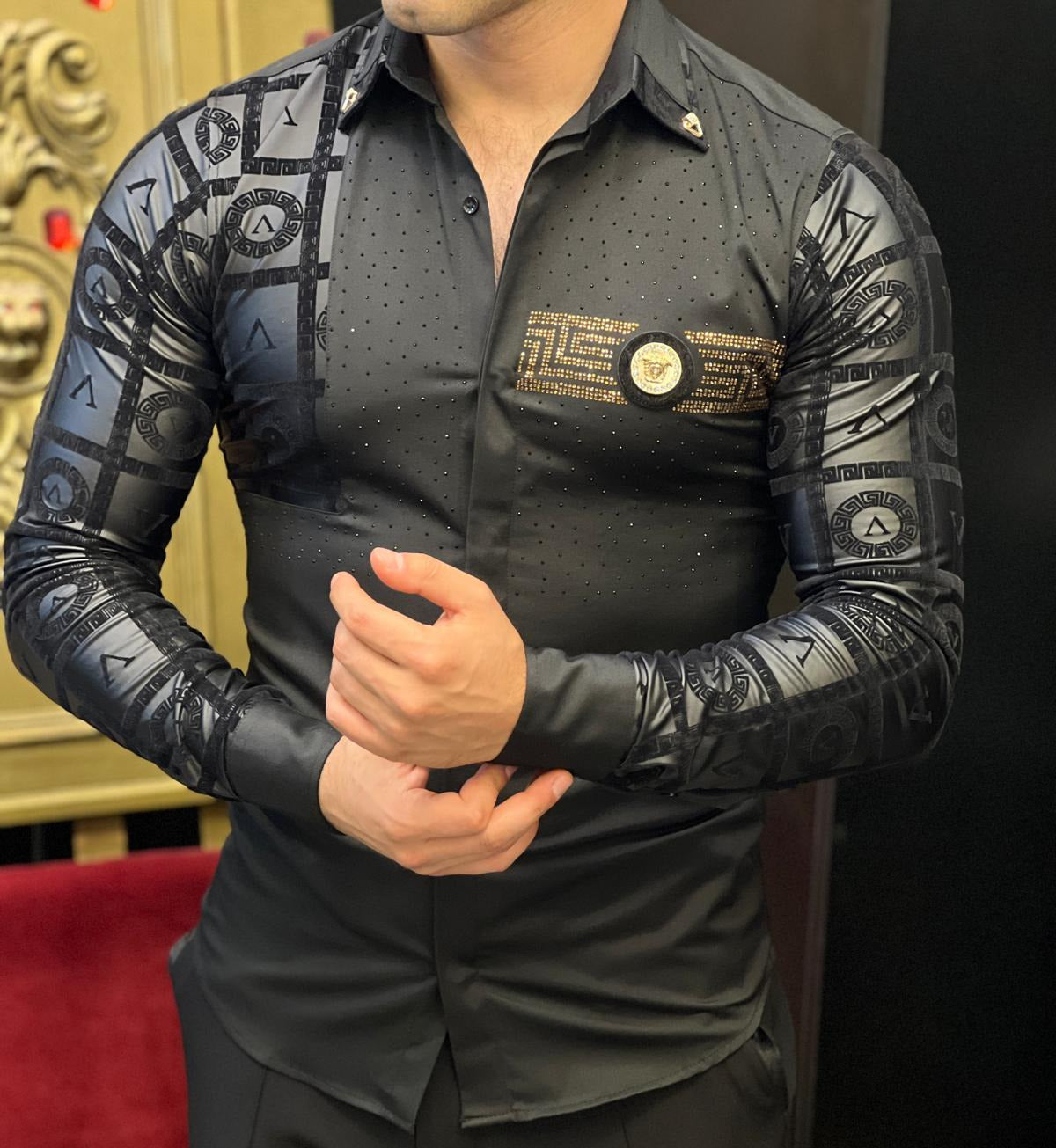 Venezia Myth Black & Gold Greek Key Men's Shirt