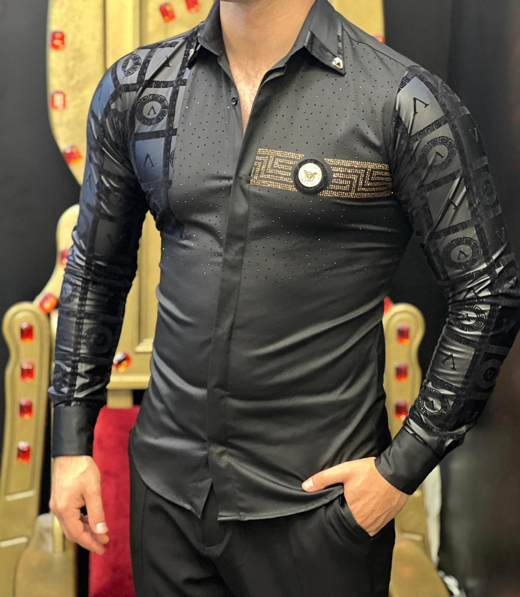 Venezia Myth Black & Gold Greek Key Men's Shirt