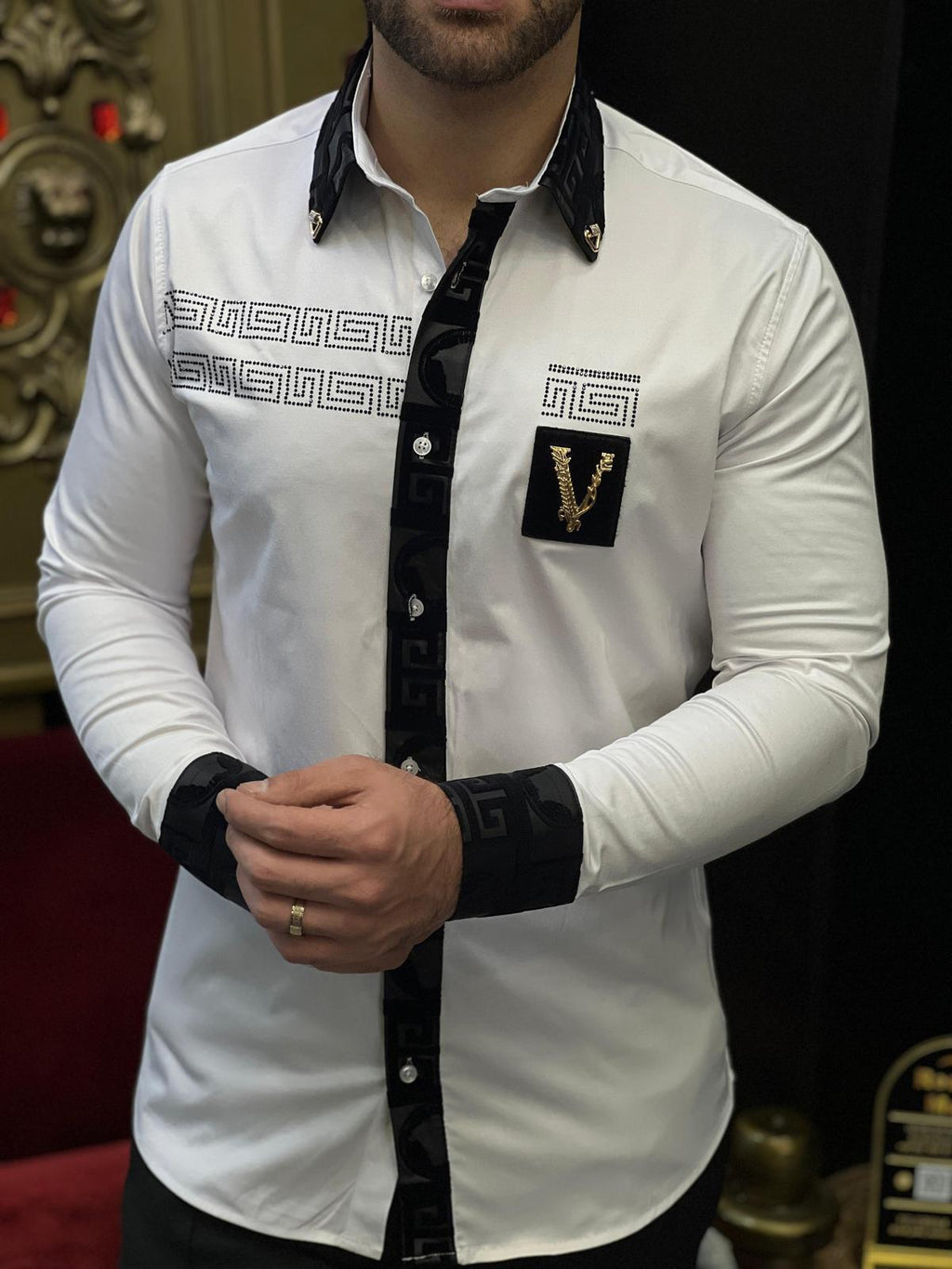 Verona Greca Men's White Velvet Trim Luxury Shirt