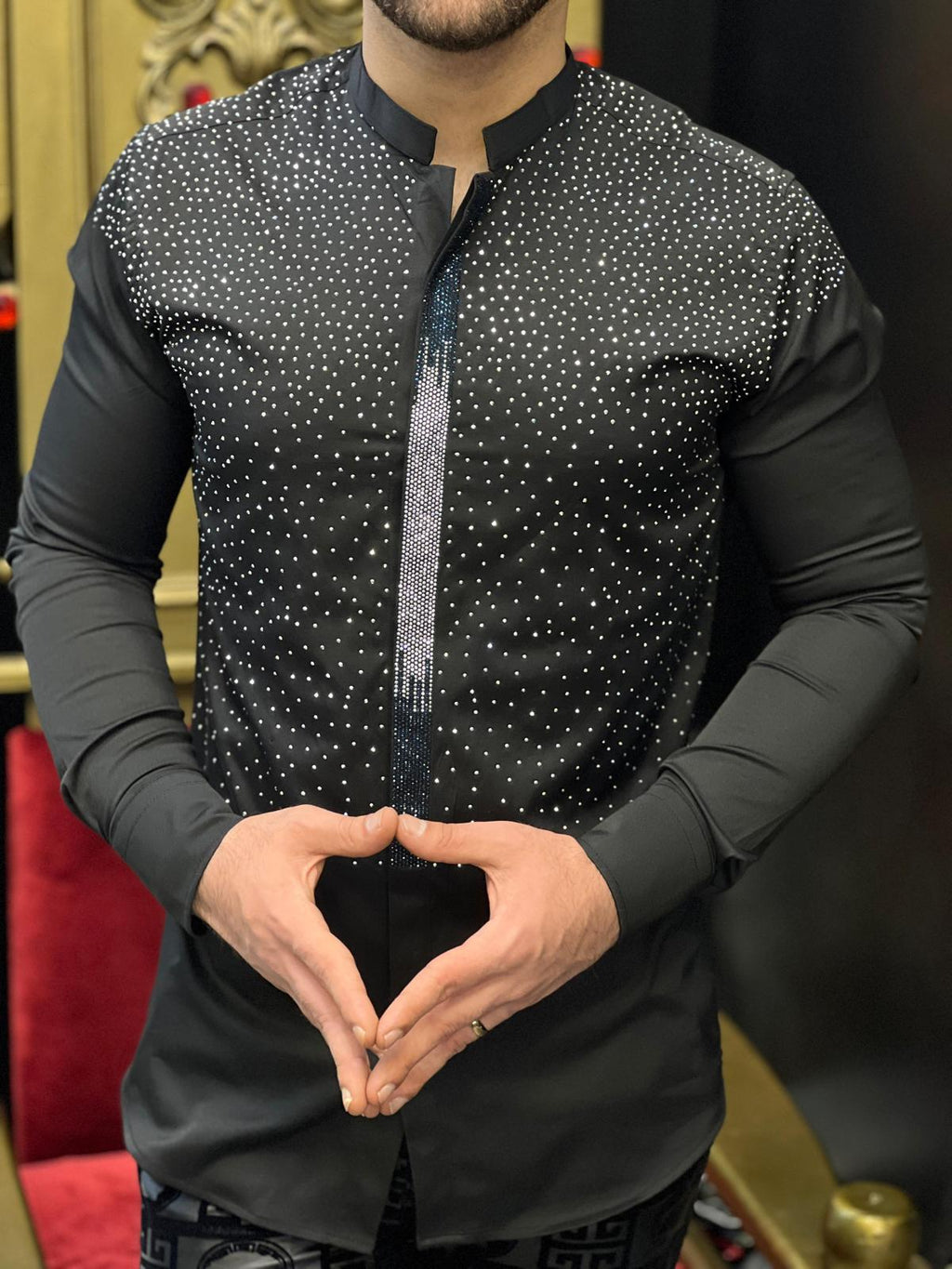 Milano Stellato Black Crystal Mandarin Collar Shirt