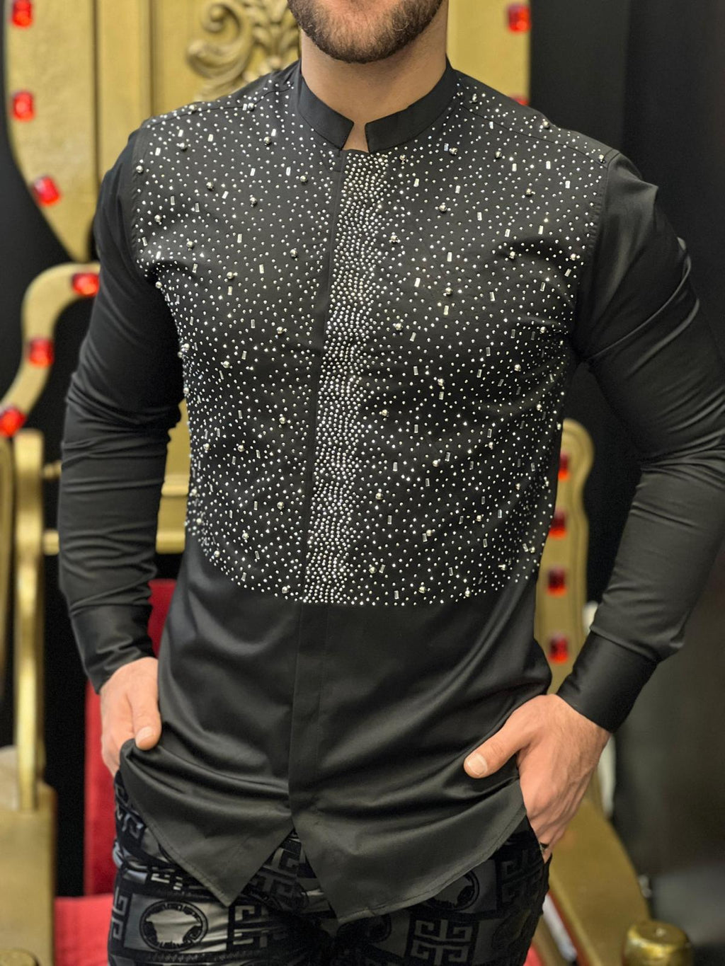 Roma Black Studded Armor Mandarin Collar Shirt