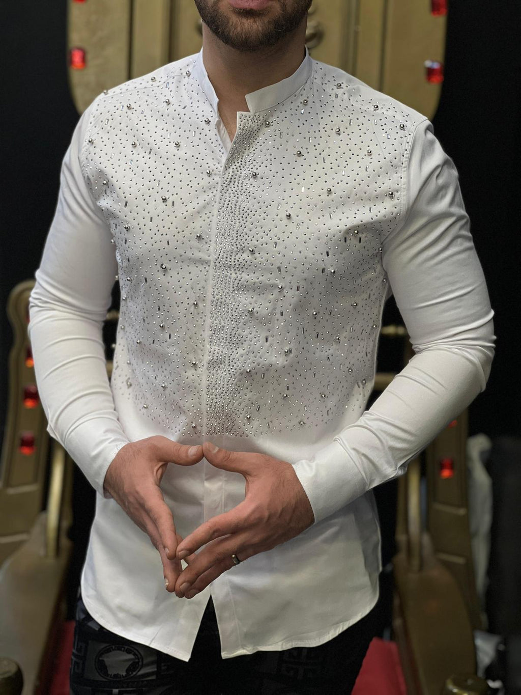 Roma White Studded Armor Mandarin Collar Shirt