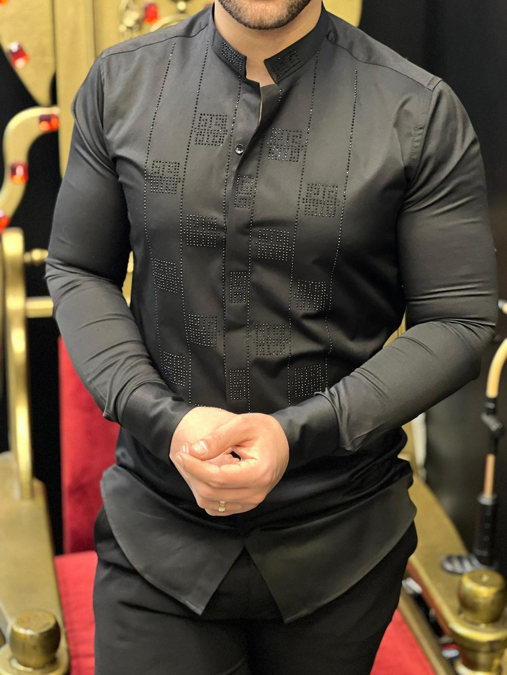 The Quadro Black Crystal Geometric Block Mandarin Collar Shirt