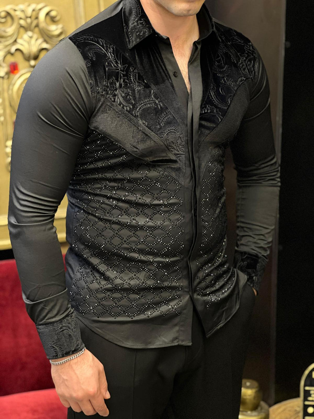 The Firenze Black Velvet & Diamond Lattice Shirt