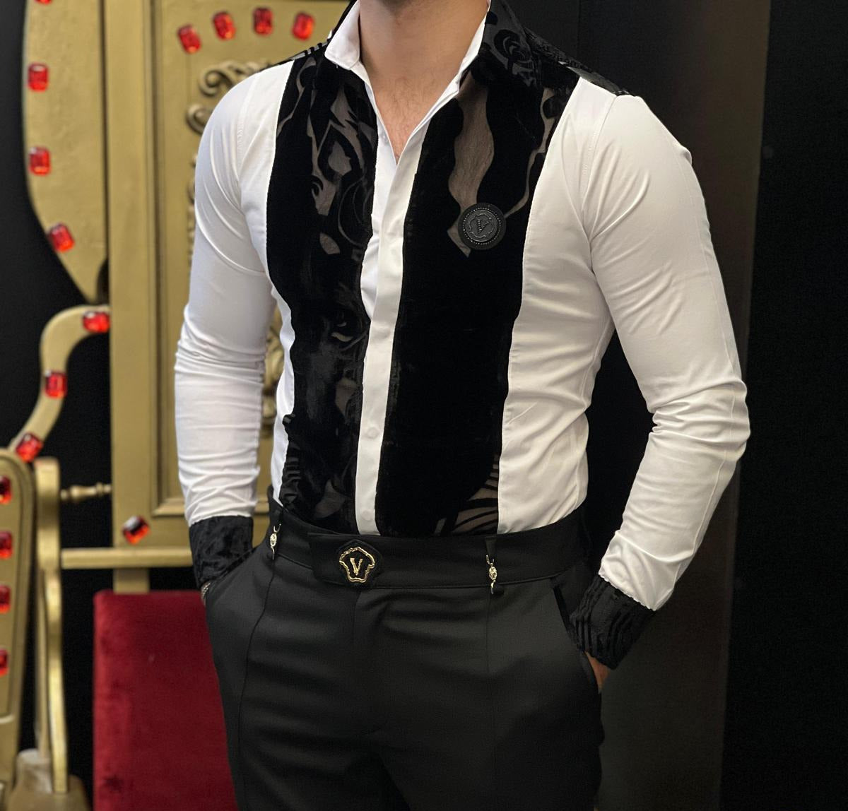 Portofino Notte White Sheer Velvet Wave Luxury Shirt