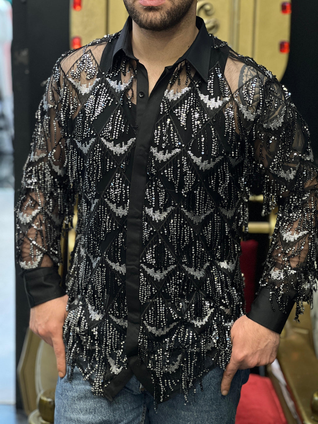 Luci della Notte Black Mesh & Silver Sequin Feather Pattern Shirt