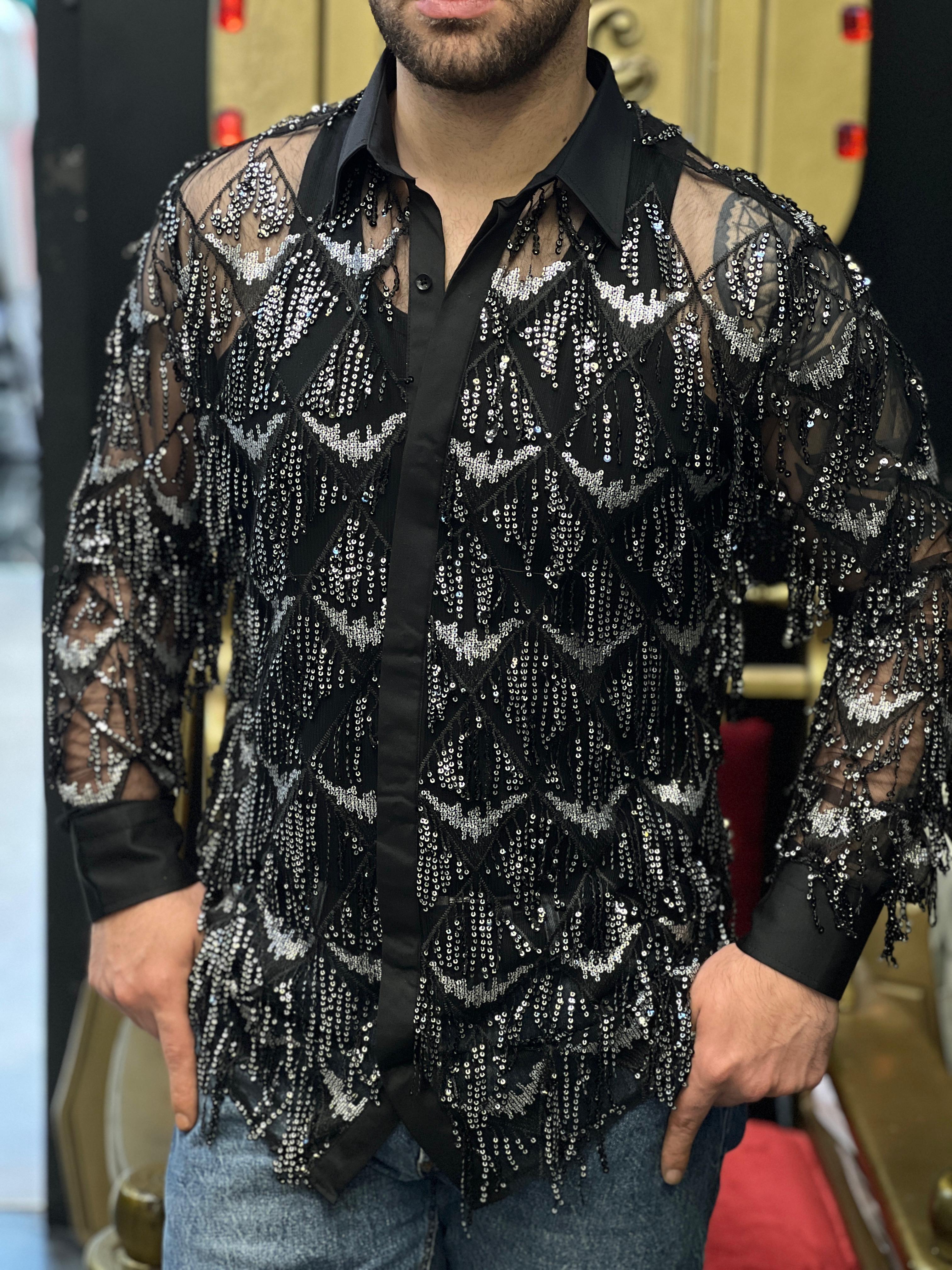 Luci della Notte Black Mesh & Silver Sequin Feather Pattern Shirt