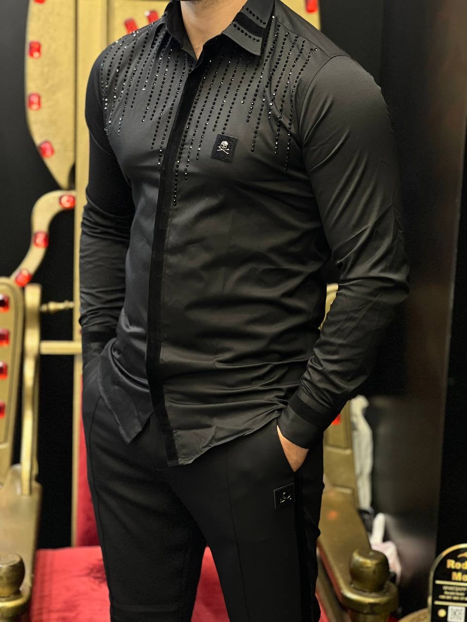 The Naples Black Skull Patch & Rhinestone Rain Shirt