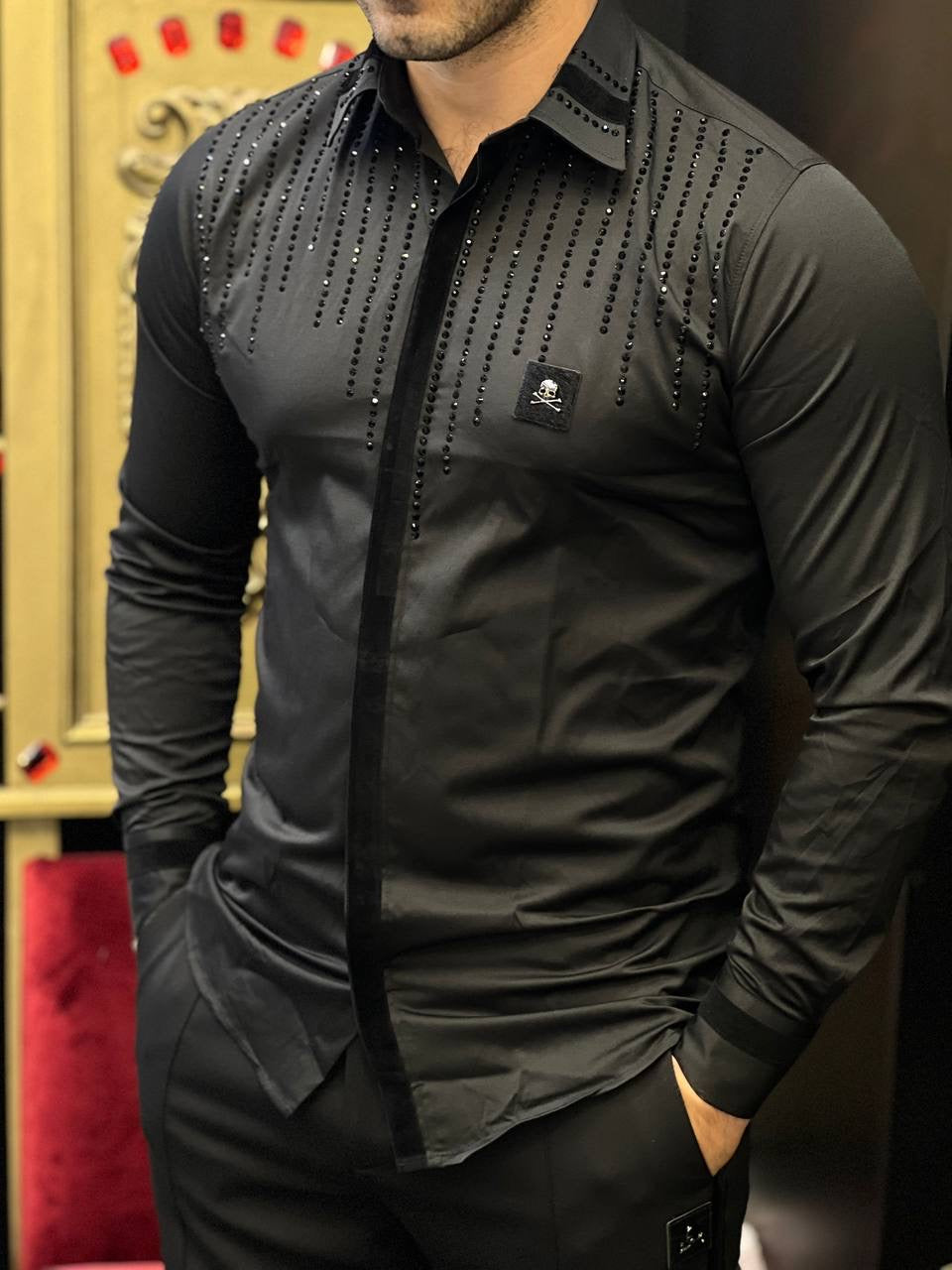 The Naples Black Skull Patch & Rhinestone Rain Shirt