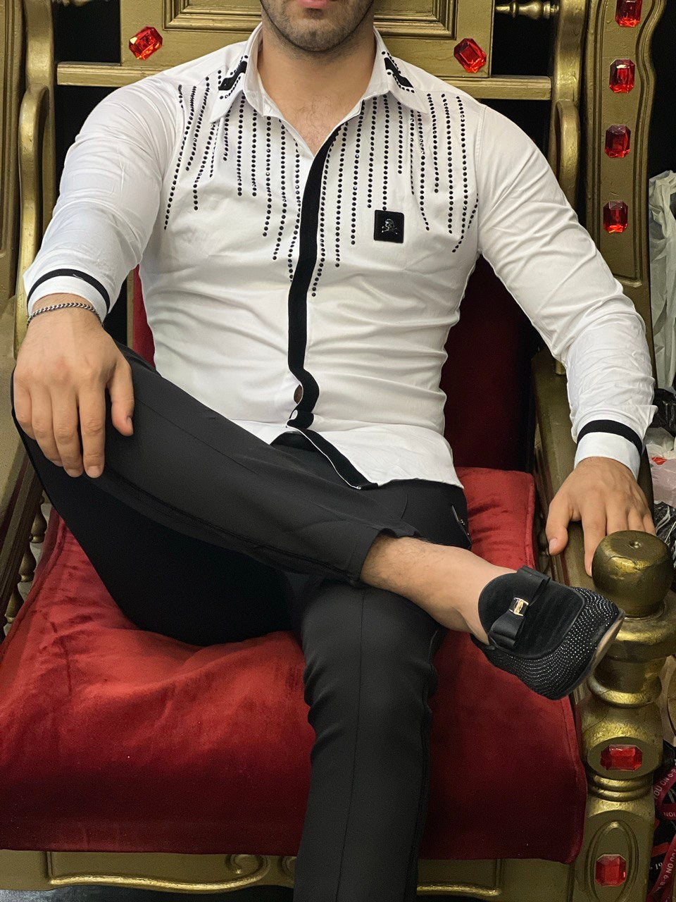 Naples White Skull Patch & Rhinestone Rain Shirt