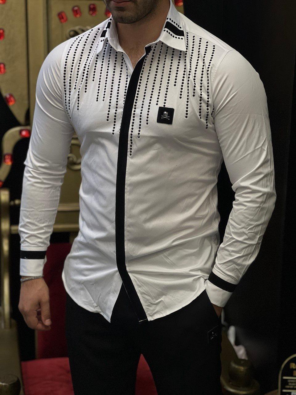 Naples White Skull Patch & Rhinestone Rain Shirt