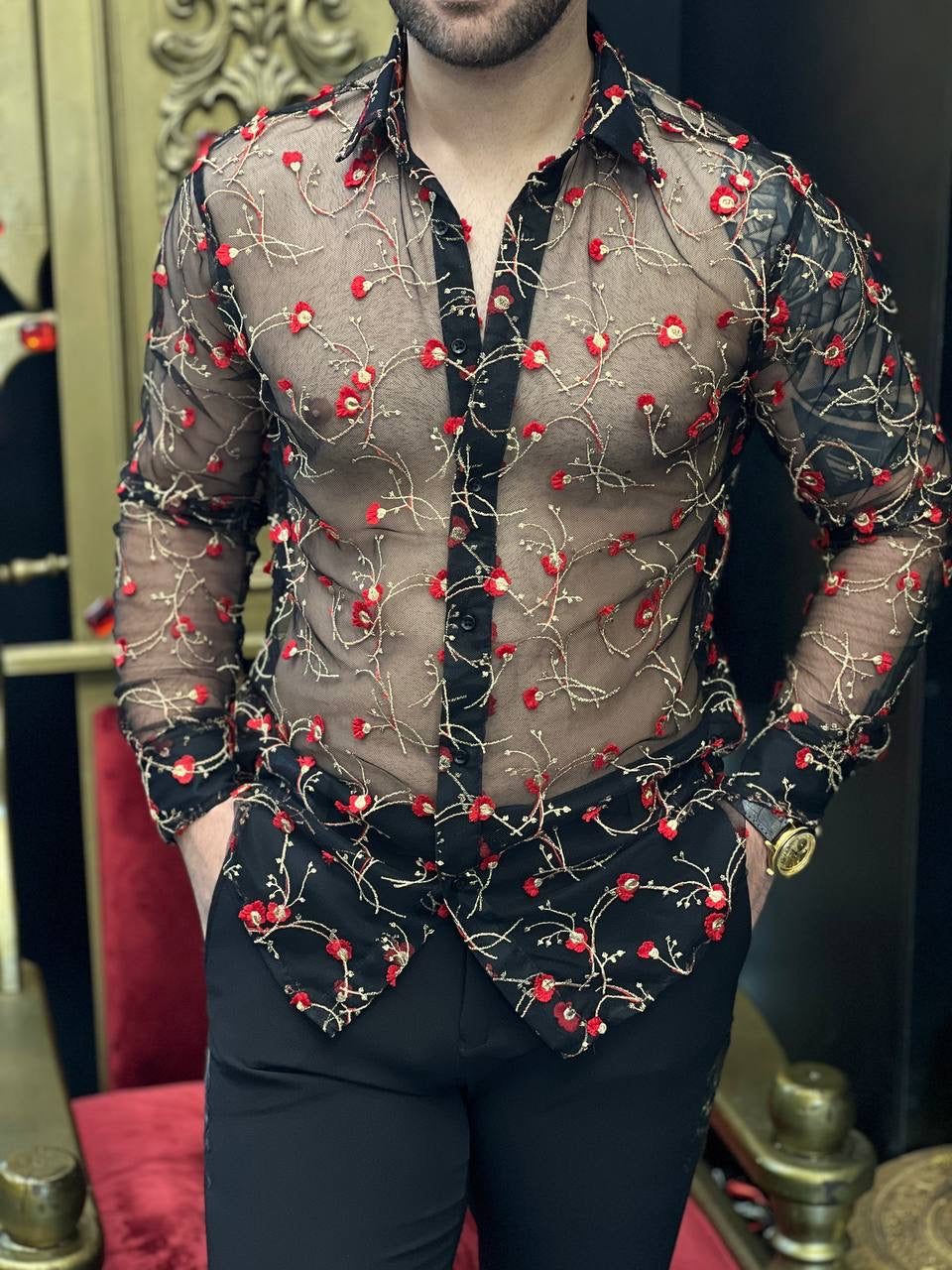 The Verona Rose Sheer Mesh & Gold Vine Embroidered Shirt