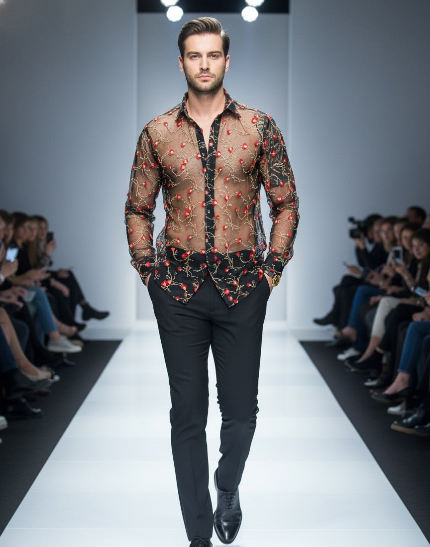 The Verona Rose Sheer Mesh & Gold Vine Embroidered Shirt