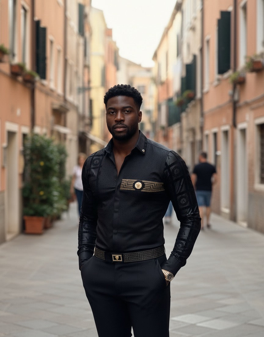 Venezia Myth Black & Gold Greek Key Men's Shirt