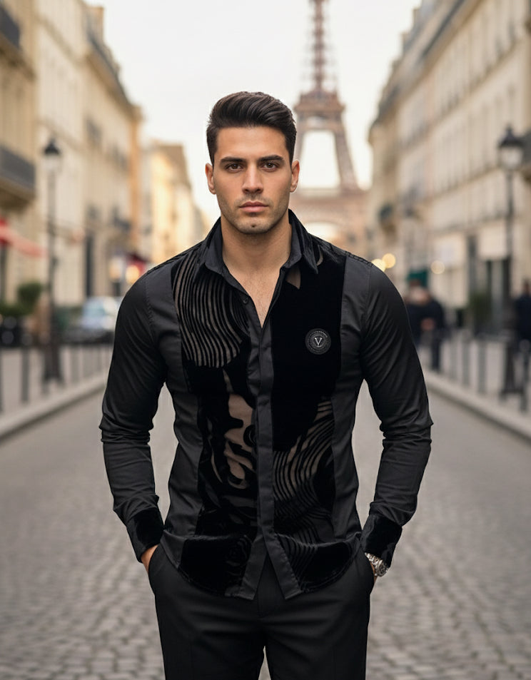 Portofino Notte Black Sheer Velvet Wave Luxury Shirt