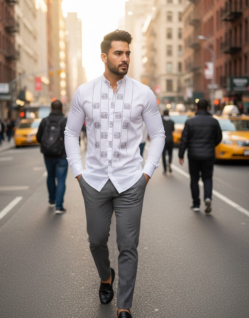 The Quadro White Crystal Geometric Block Mandarin Collar Shirt