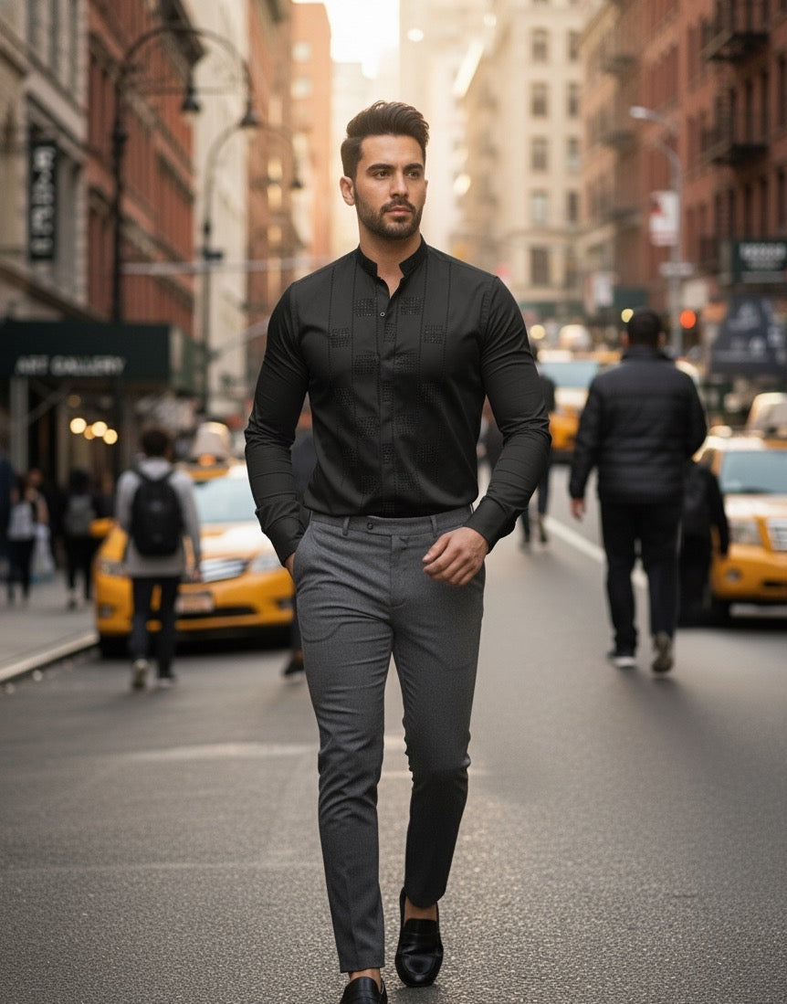 The Quadro Black Crystal Geometric Block Mandarin Collar Shirt