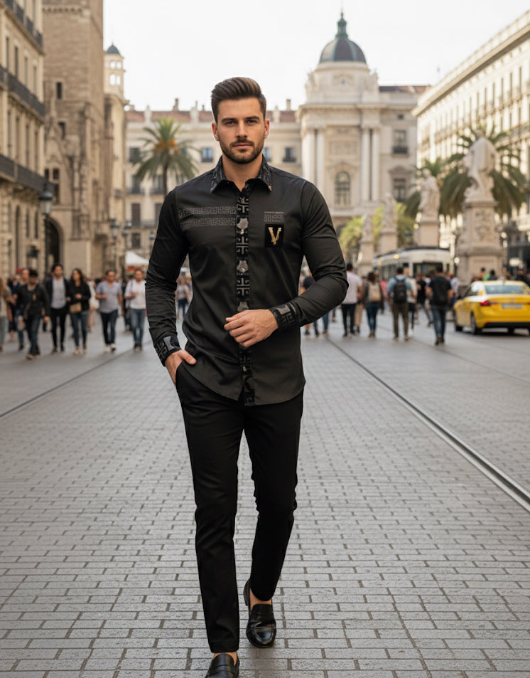 Verona Greca Men's Black Velvet Trim Luxury Shirt