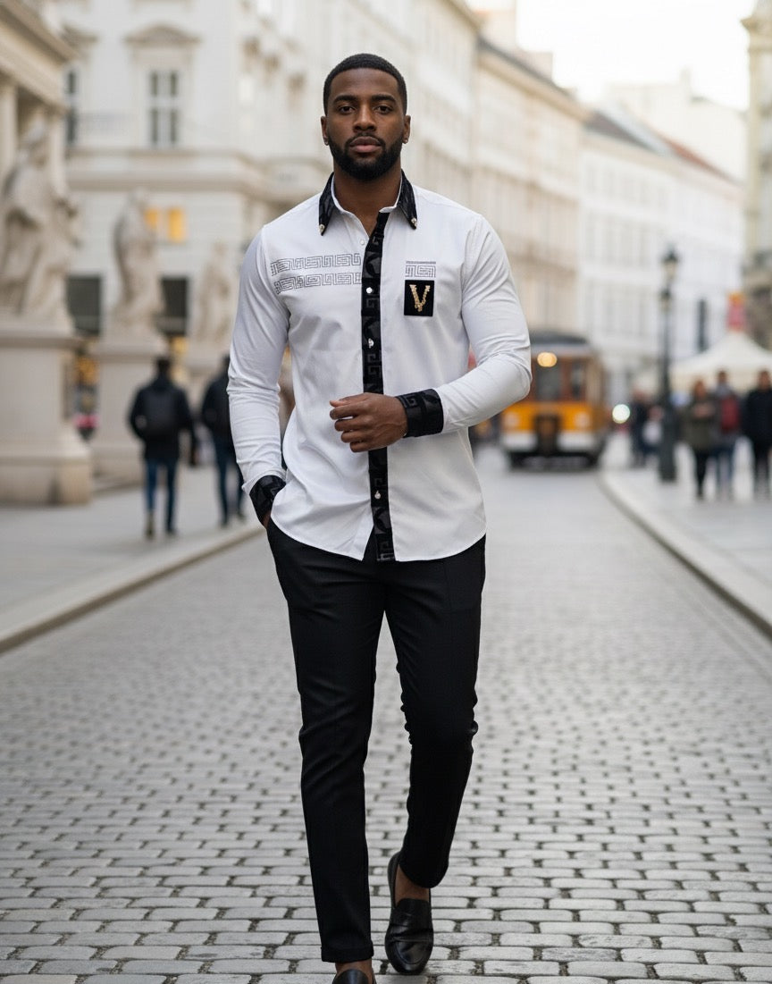 Verona Greca Men's White Velvet Trim Luxury Shirt