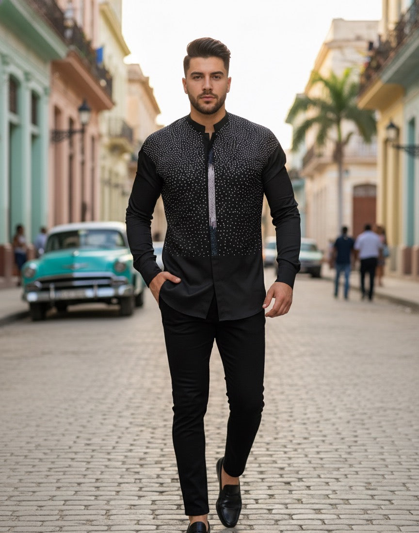 Milano Stellato Black Crystal Mandarin Collar Shirt
