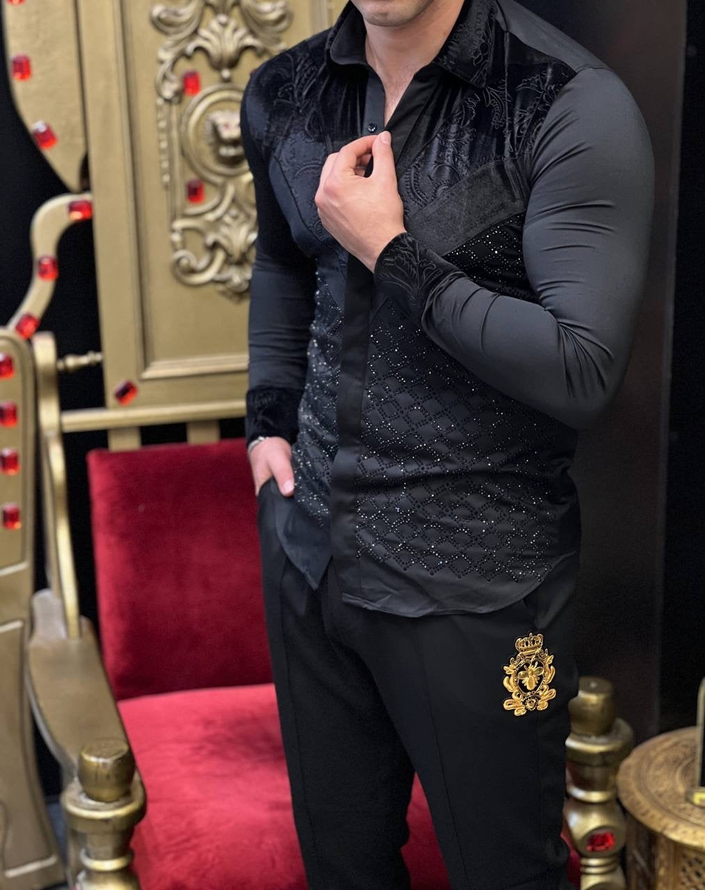 The Firenze Black Velvet & Diamond Lattice Shirt