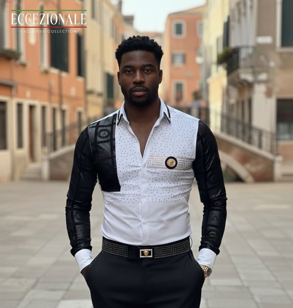 Venezia Myth White & Gold Greek Key Men's Shirt