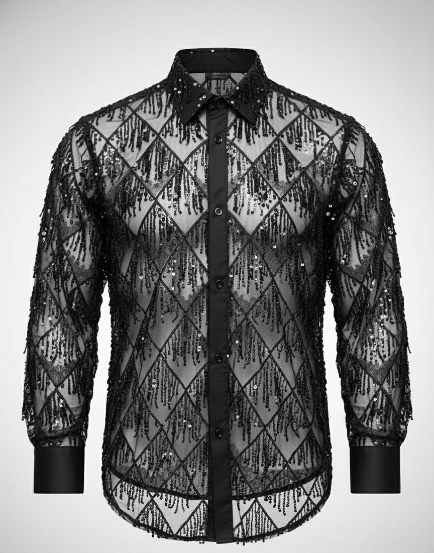 Luci della Notte Black Mesh & Silver Sequin Feather Pattern Shirt