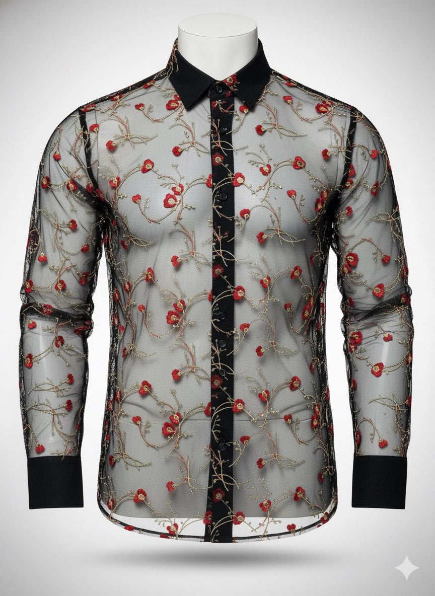 The Verona Rose Sheer Mesh & Gold Vine Embroidered Shirt
