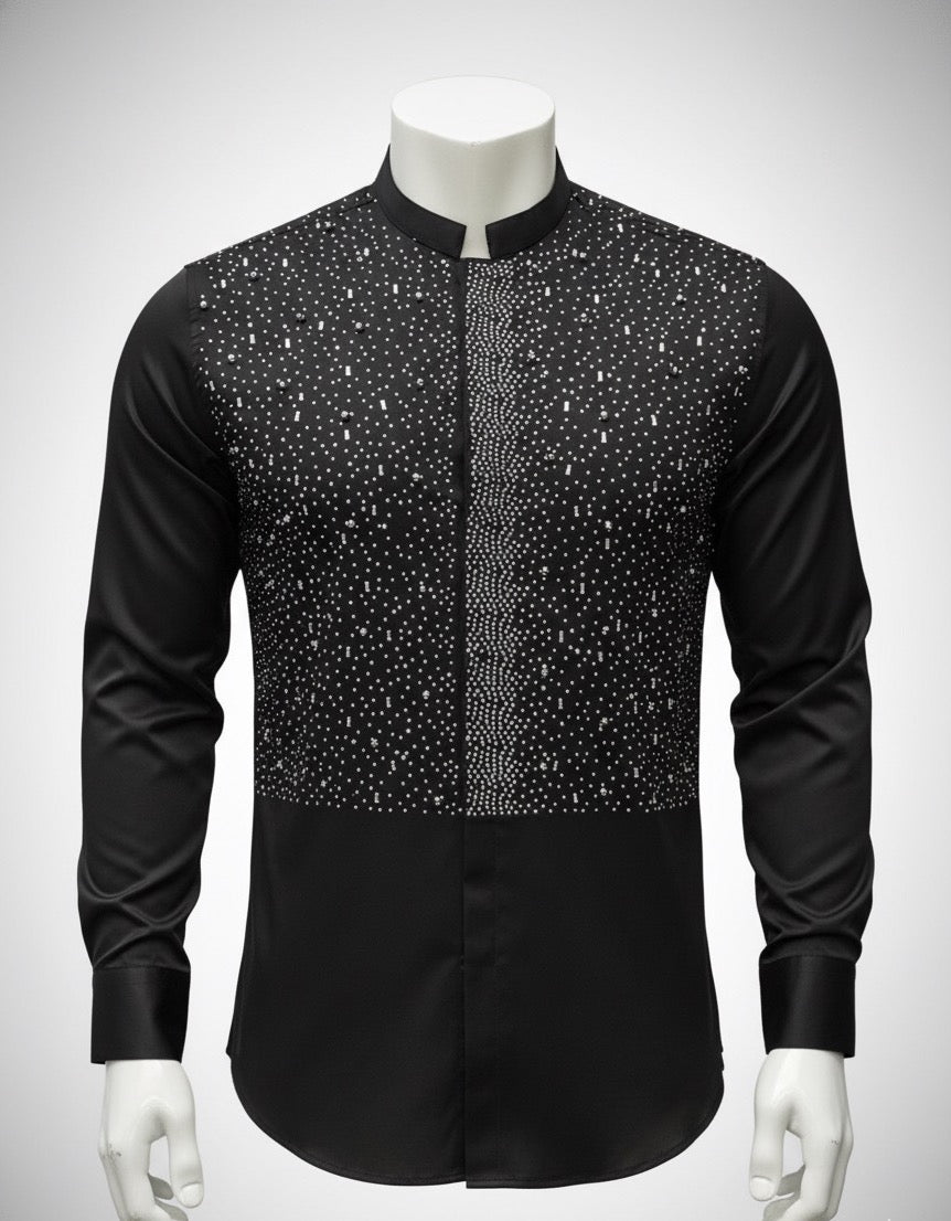 Roma Black Studded Armor Mandarin Collar Shirt