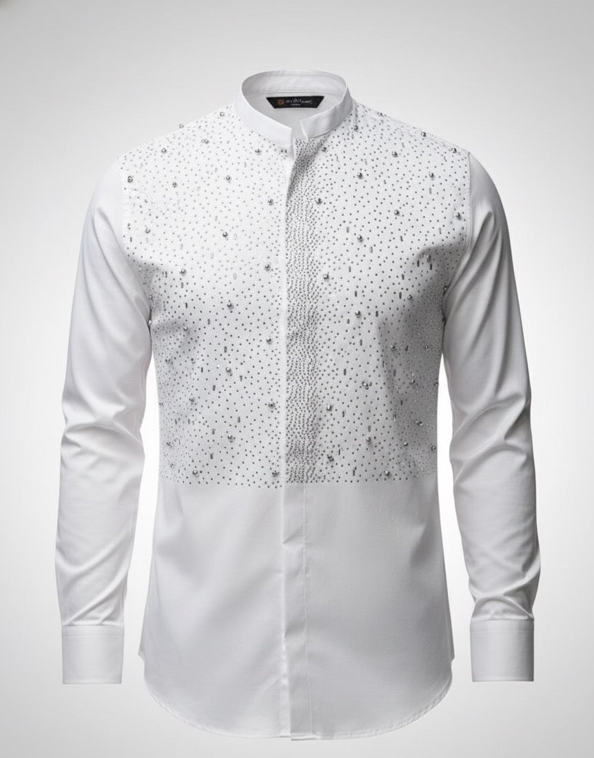 Roma White Studded Armor Mandarin Collar Shirt