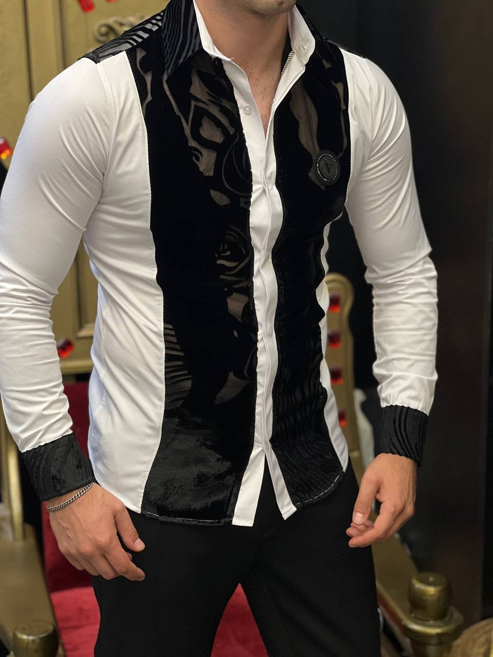 Portofino Notte White Sheer Velvet Wave Luxury Shirt