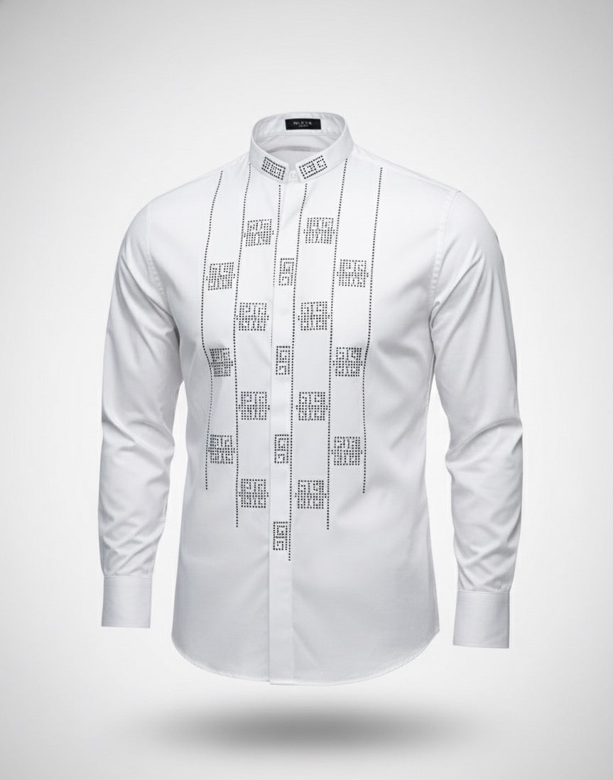The Quadro White Crystal Geometric Block Mandarin Collar Shirt