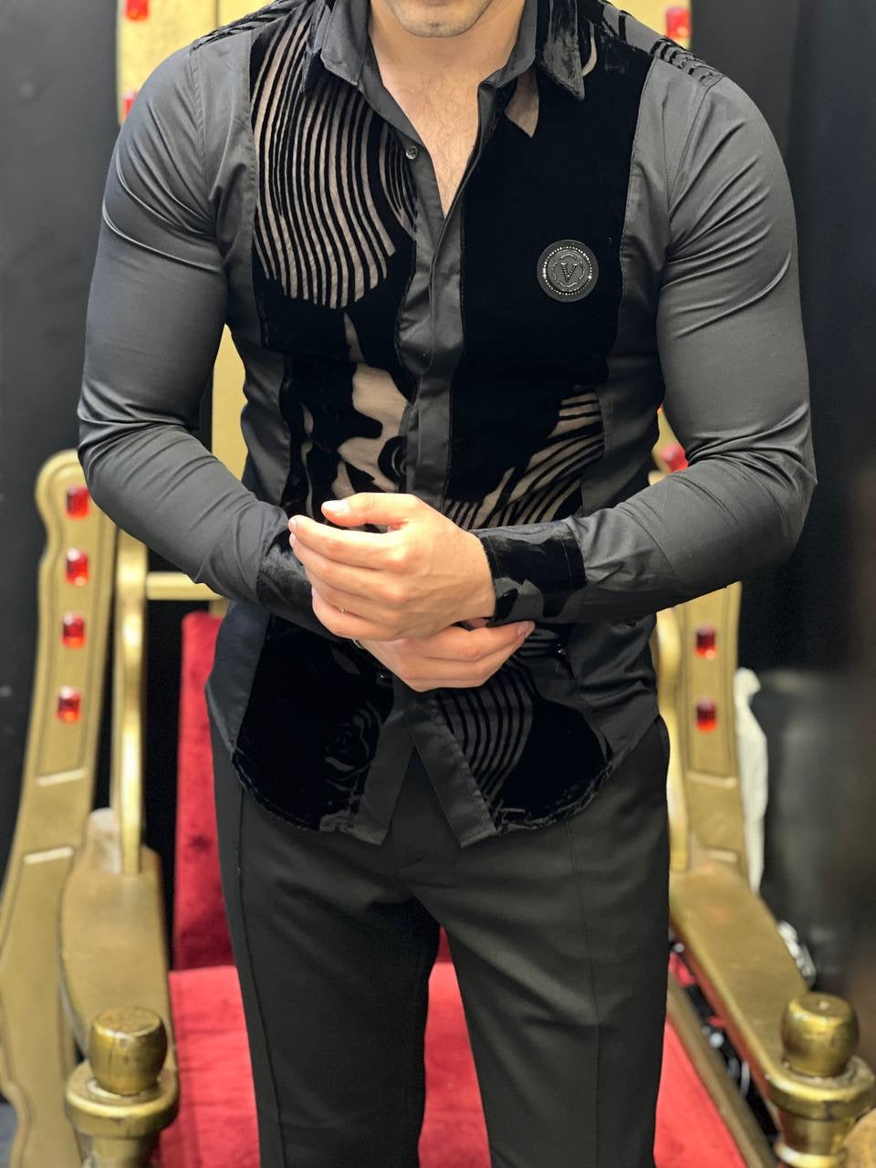 Portofino Notte Black Sheer Velvet Wave Luxury Shirt