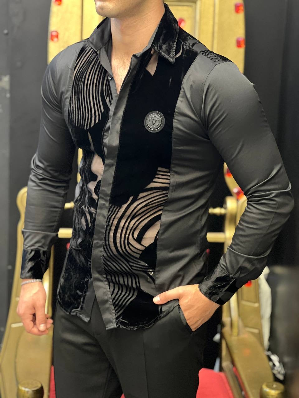 Portofino Notte Black Sheer Velvet Wave Luxury Shirt