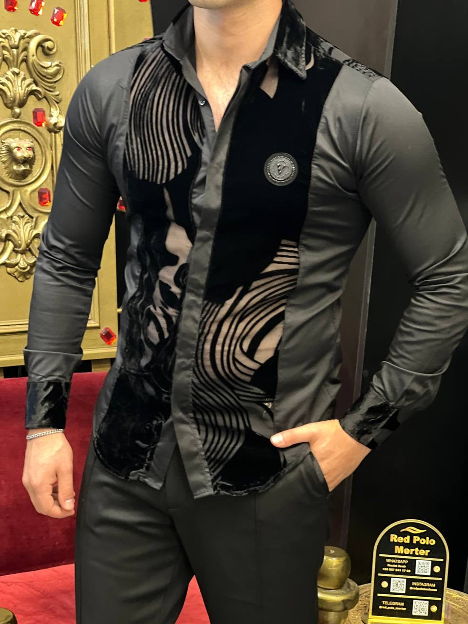 Portofino Notte Black Sheer Velvet Wave Luxury Shirt