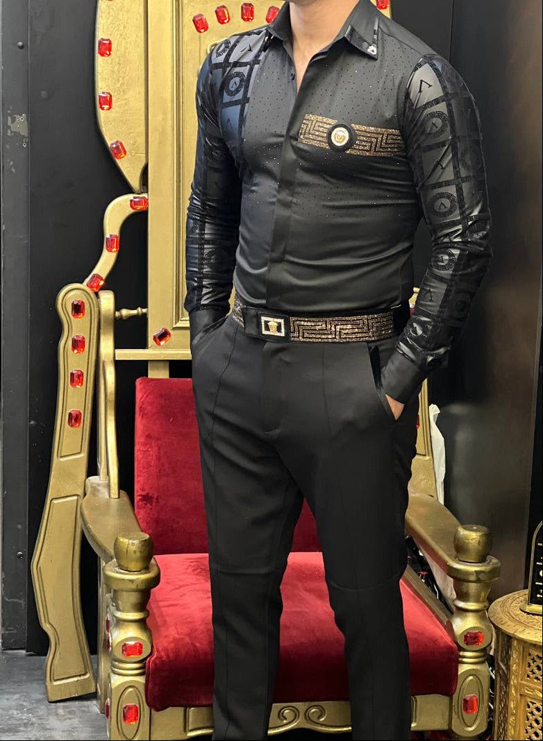 Venezia Myth Black & Gold Greek Key Men's Shirt