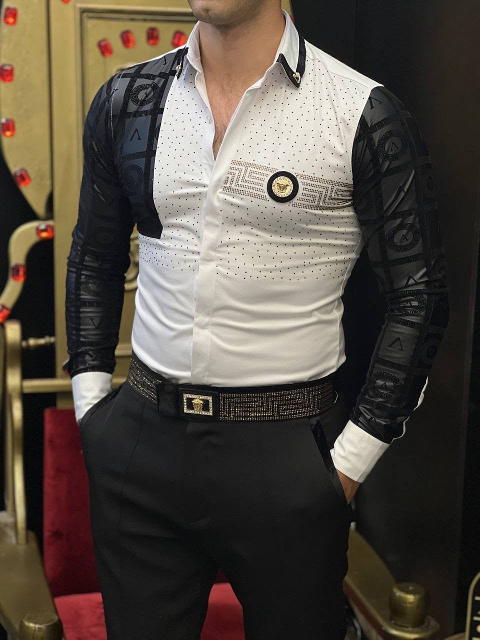 Venezia Myth White & Gold Greek Key Men's Shirt