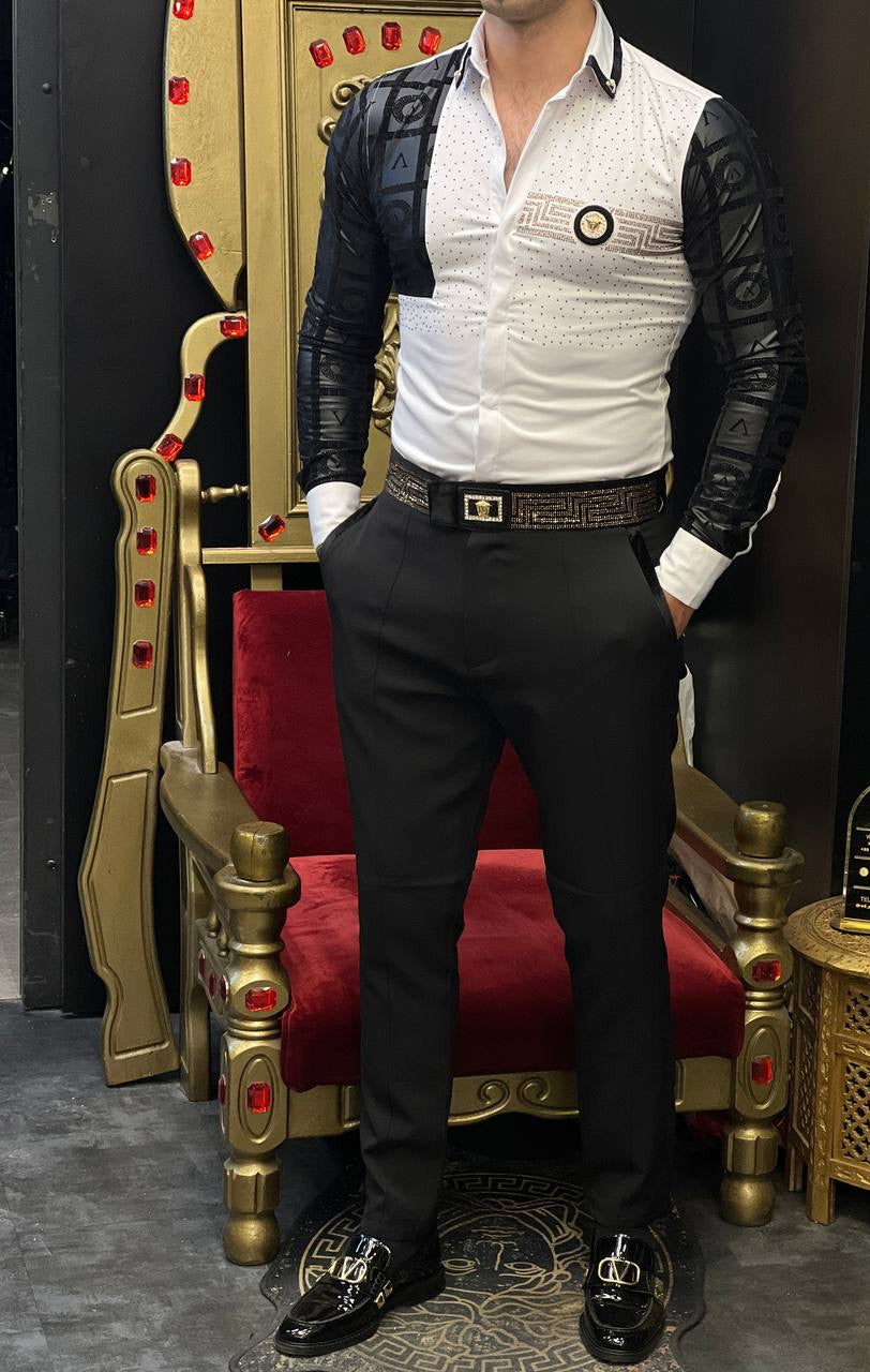 Venezia Myth White & Gold Greek Key Men's Shirt