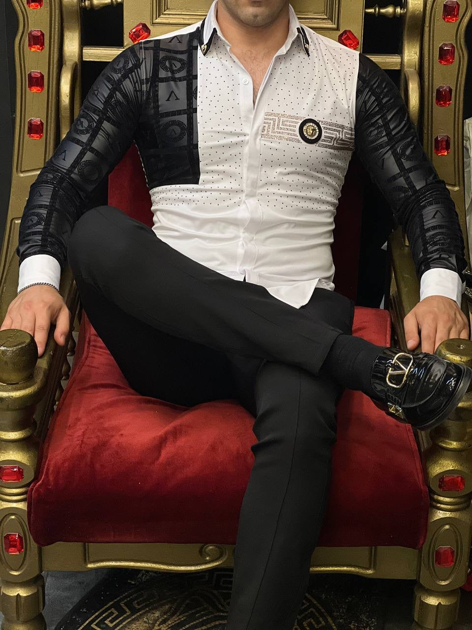 Venezia Myth White & Gold Greek Key Men's Shirt