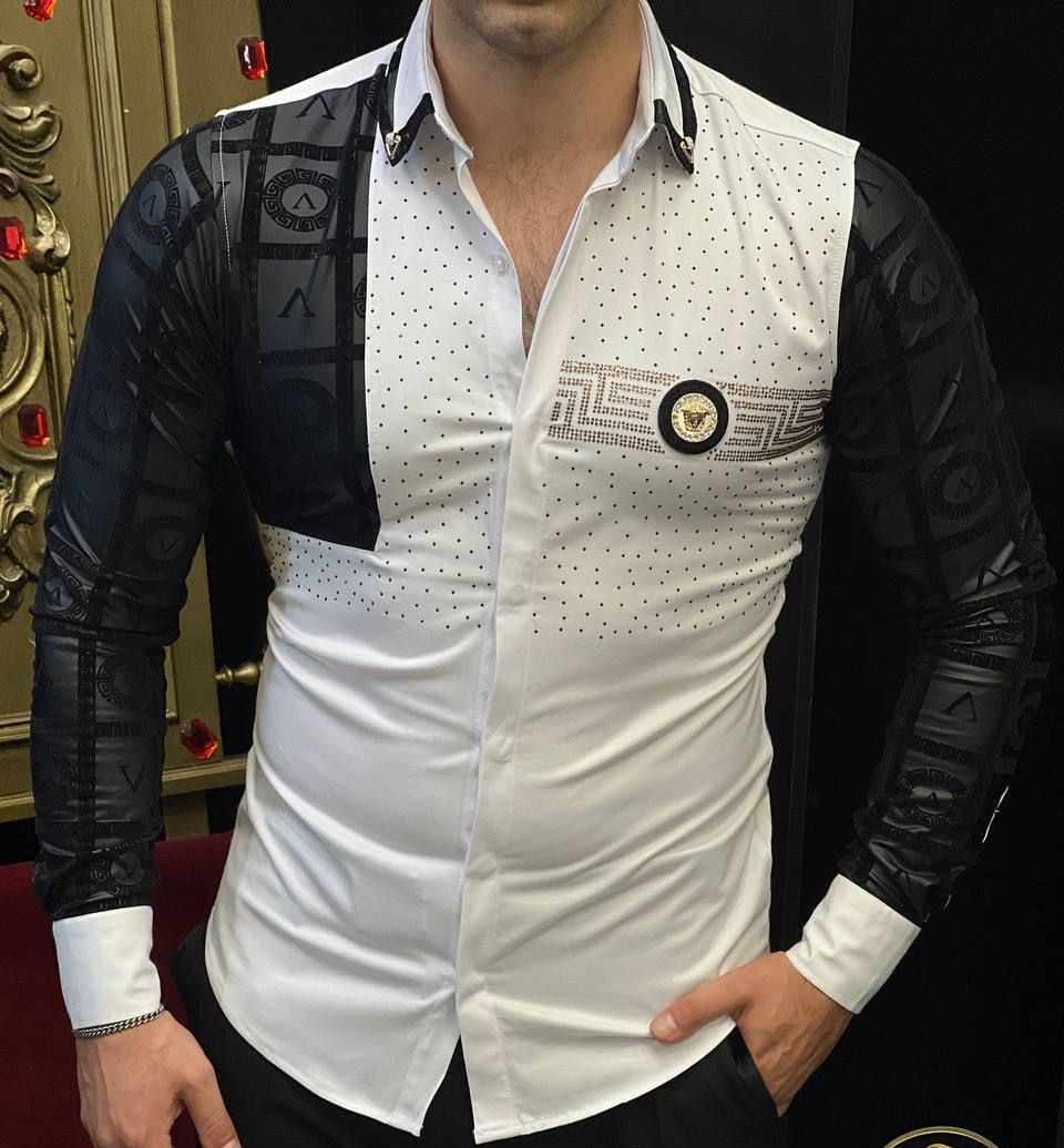 Venezia Myth White & Gold Greek Key Men's Shirt