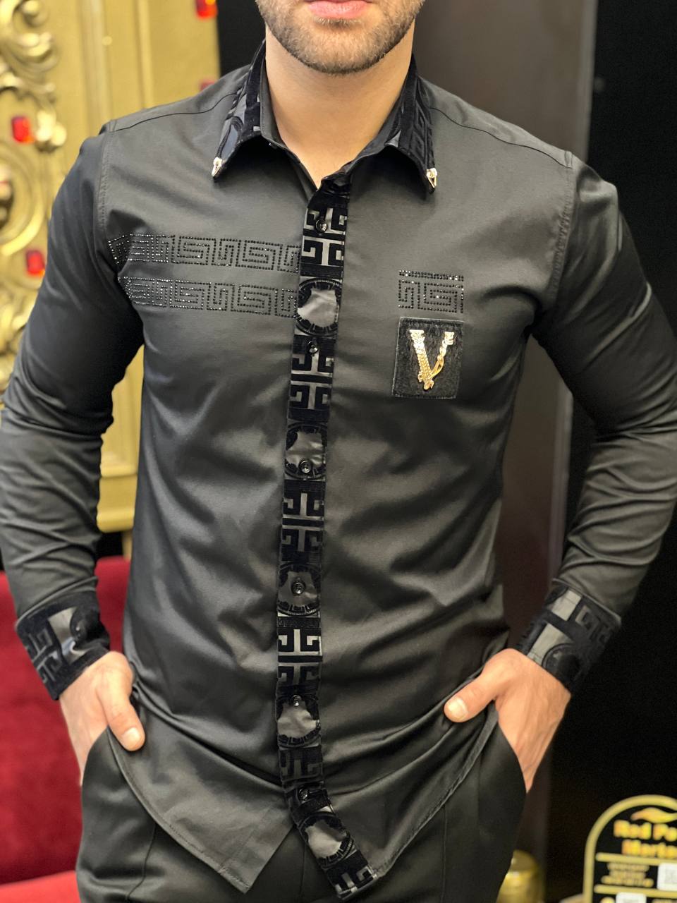 Verona Greca Men's Black Velvet Trim Luxury Shirt